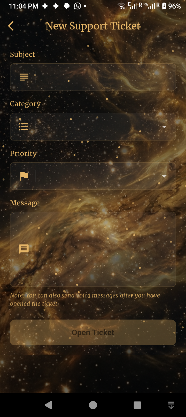 Create New Support Ticket Screen