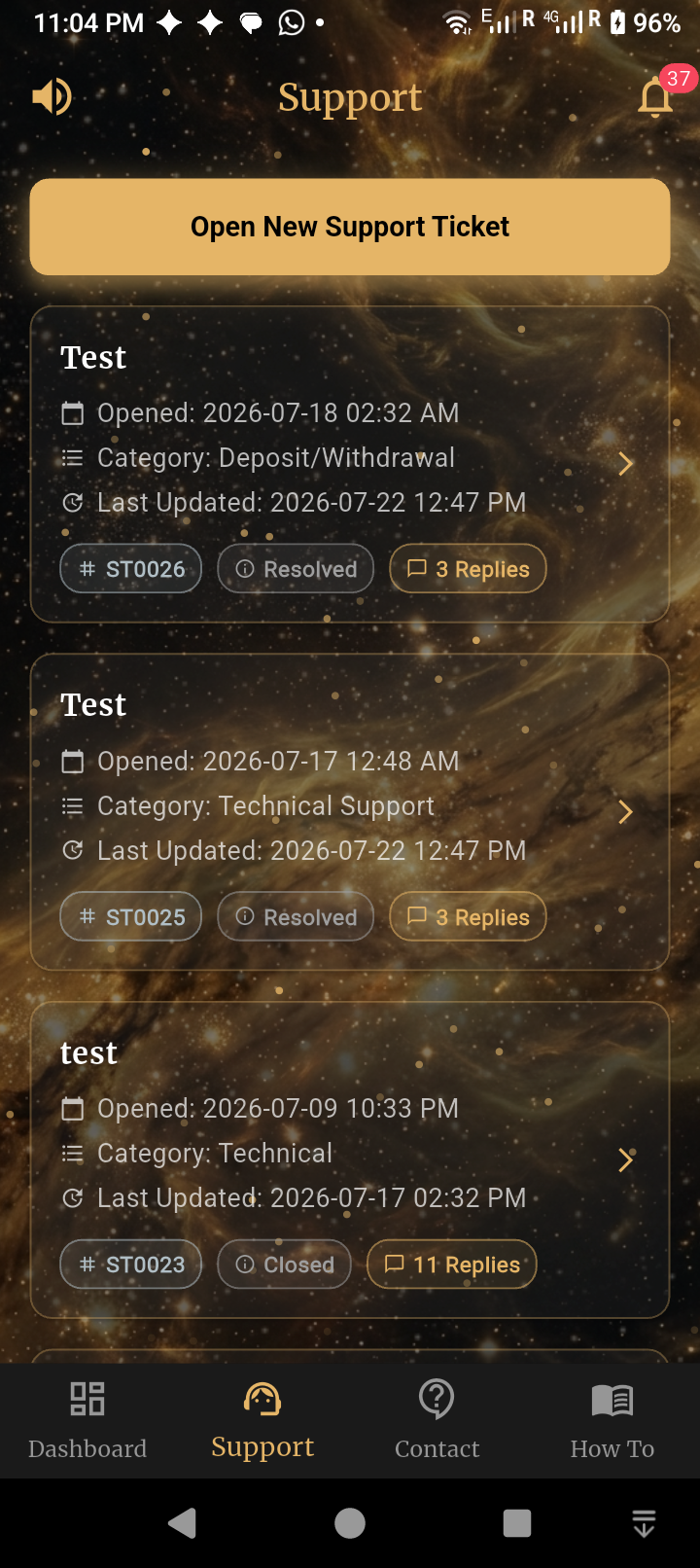 Support Tickets List Screen