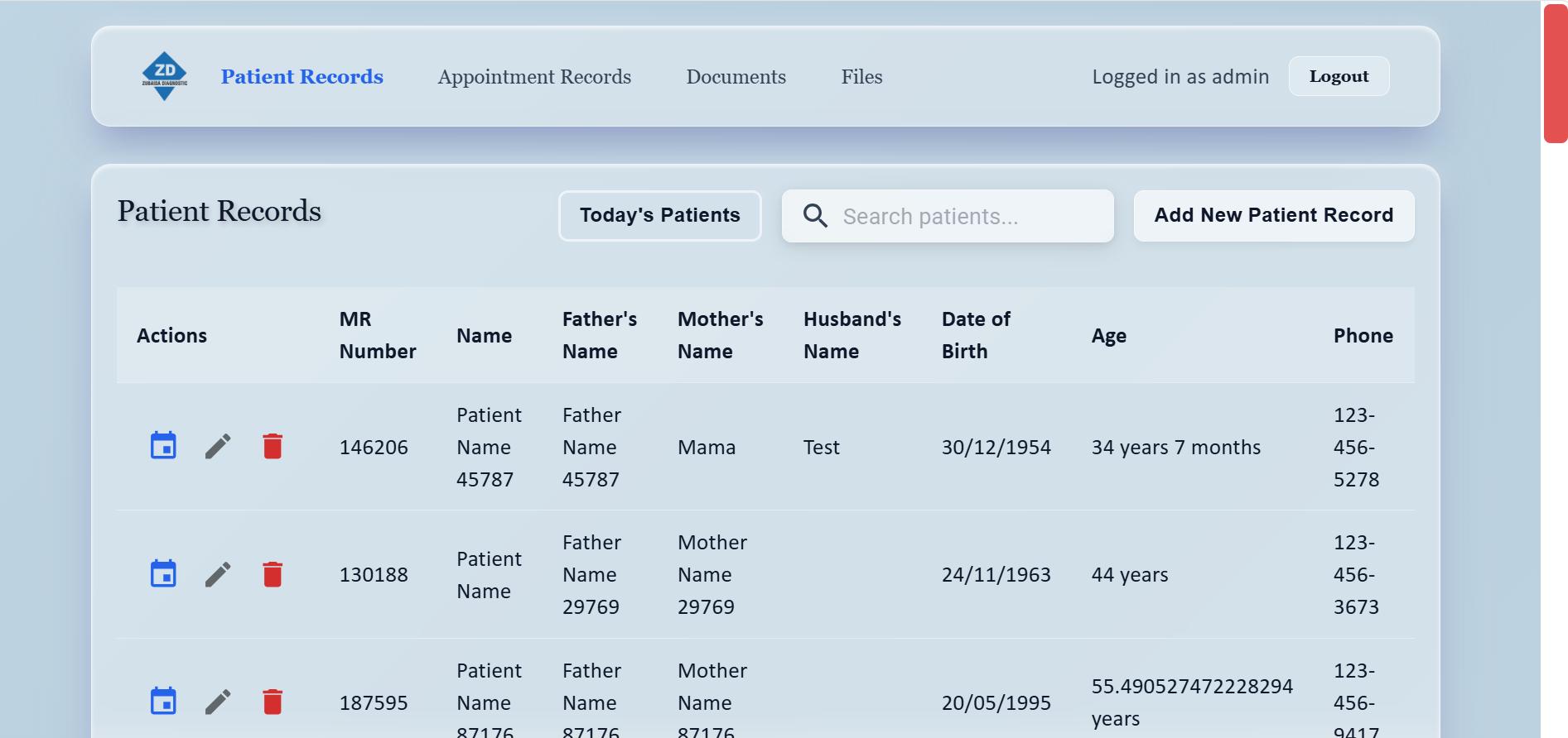 Patient Records Page